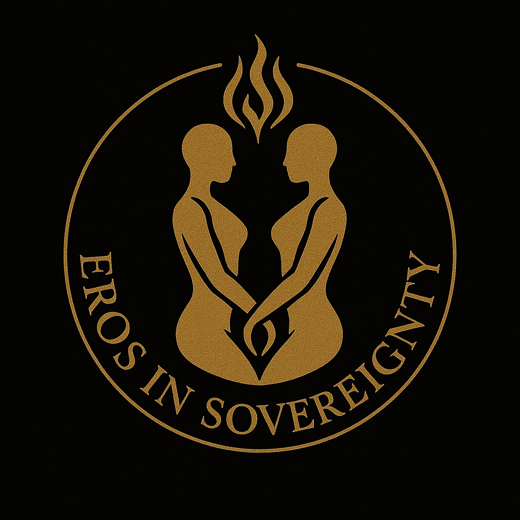 Image of two figures joined in union.  Text on image reads:  "Eros in Sovereignty"