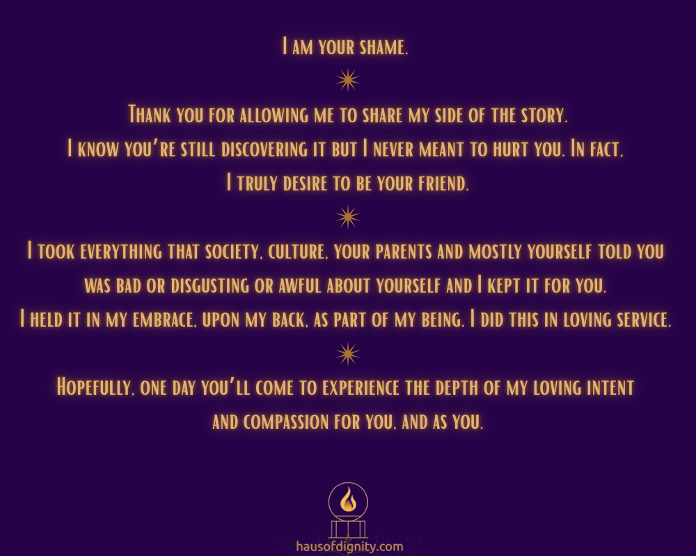 Dark purple quote card titled: "I Am Your Shame" There is gold text and a logo.