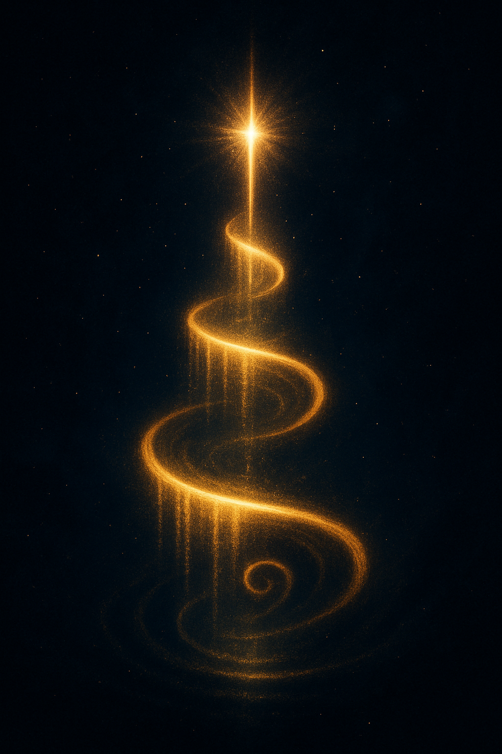 A golden spiral rising through deep indigo space, each loop cresting in a burst of light and spilling into the next. Overflow becomes visible as radiance that must pour upward, carrying consciousness “higher and higher.”