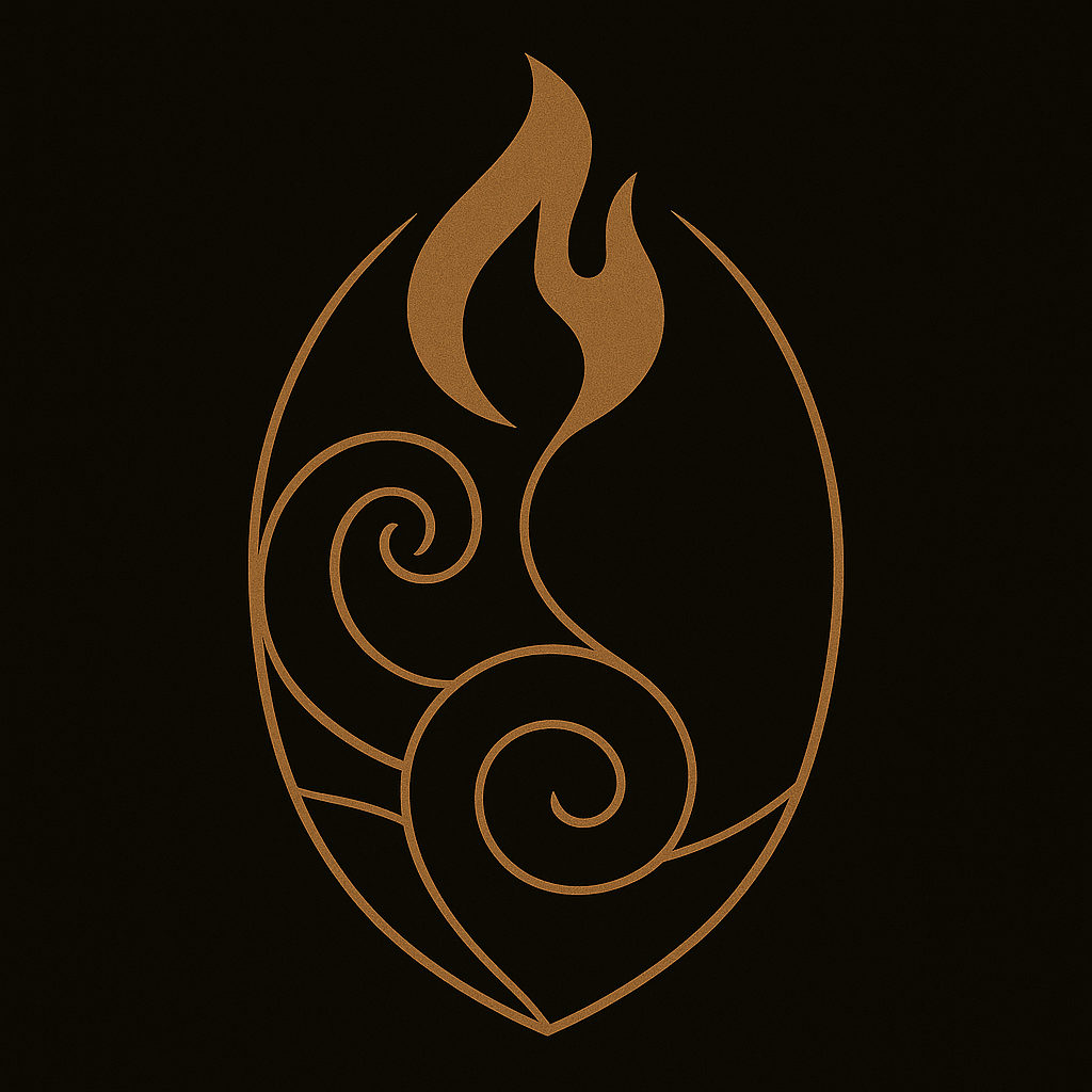 A sigil depicting Spirit and Void in their sacred foreplay. The flame rising like Spirit, the spiral currents enfolding like the velvet embrace of Void. And the whole form nested in a womb-like oval — a living vesica, the holy chamber where opposites intertwine.