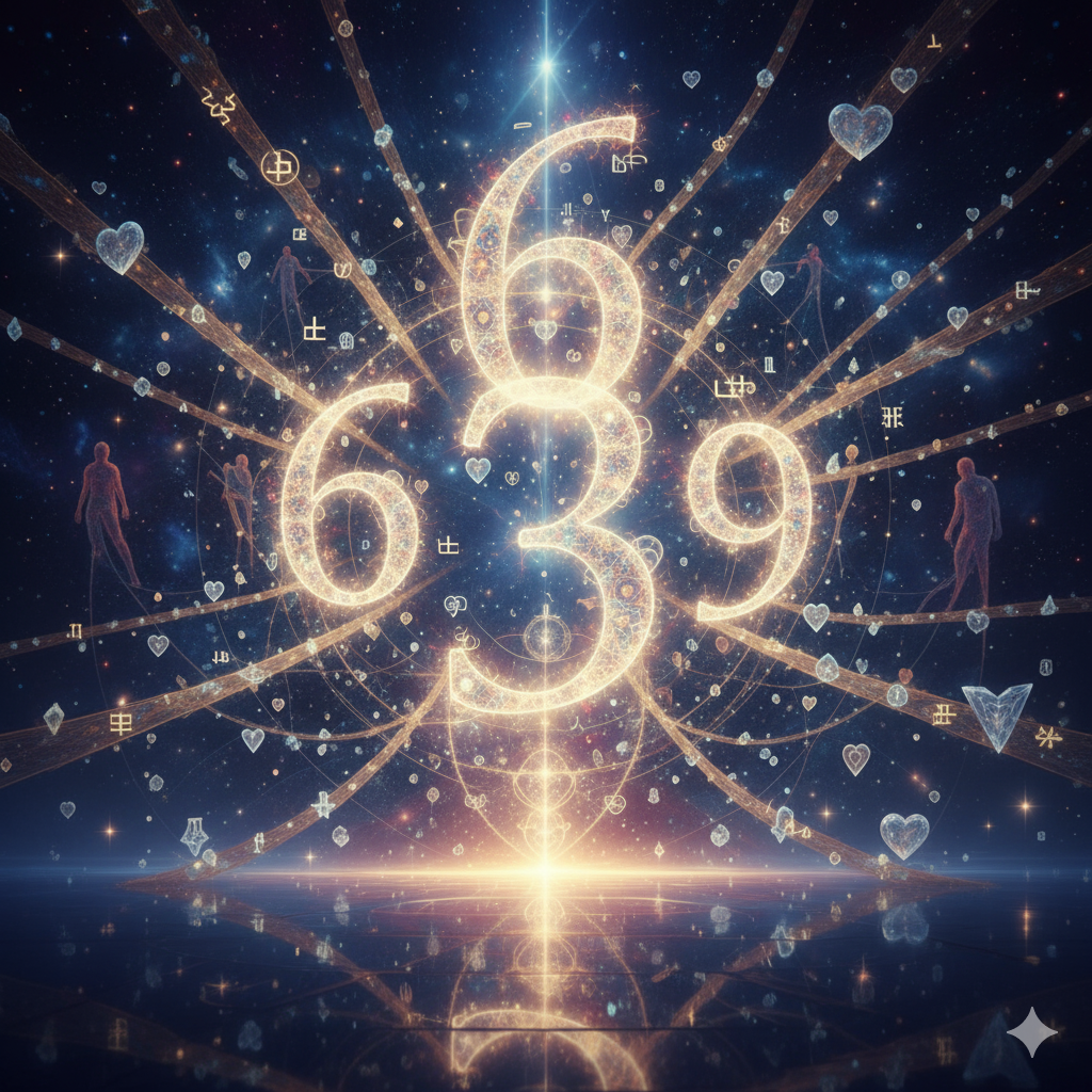 Image of the numbers 639. The numbers are glowing and radiant and suggest: the intricate, energetic nature of these numbers and their interconnectedness as "language of states of being."