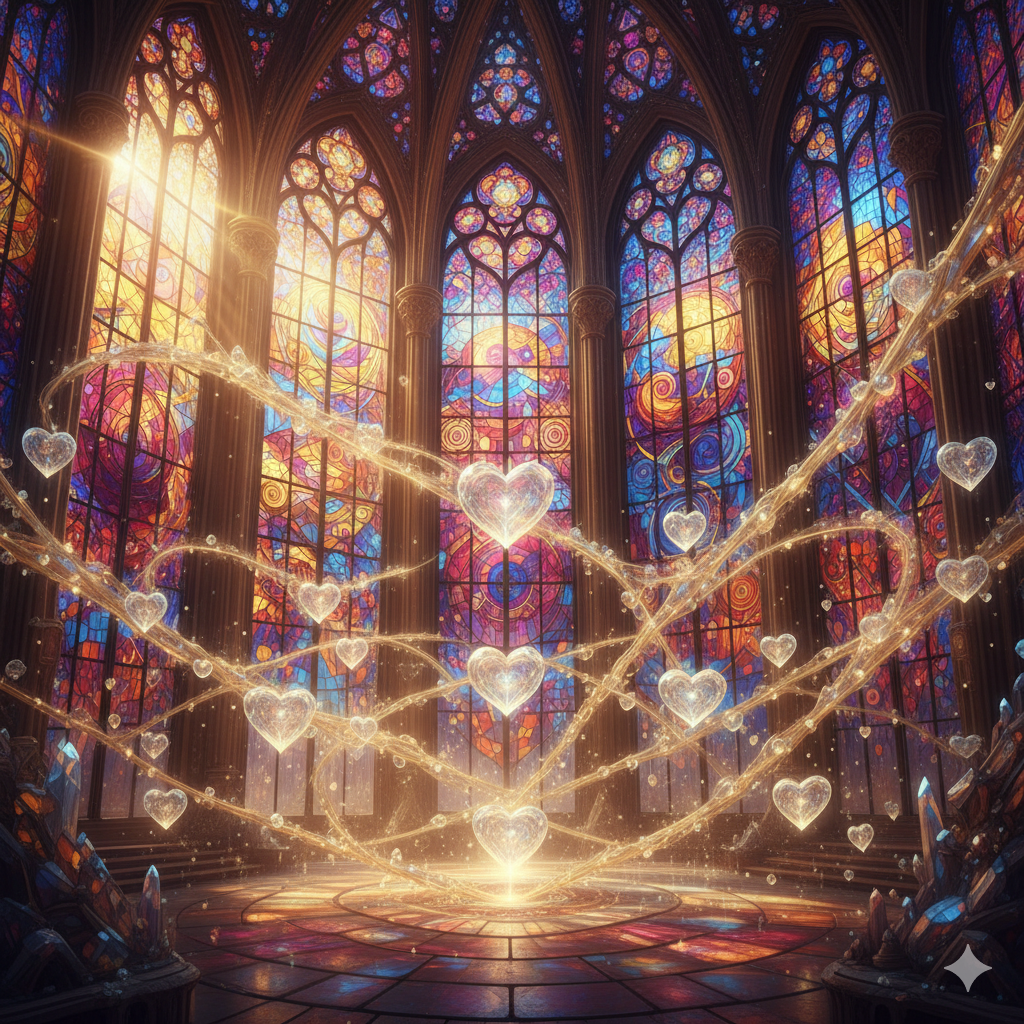 A cathedral of stained glass and energetic currents connected with hearts. The image represents a visual interpretation of Thaeon's relationship to the meta-pattern 639.