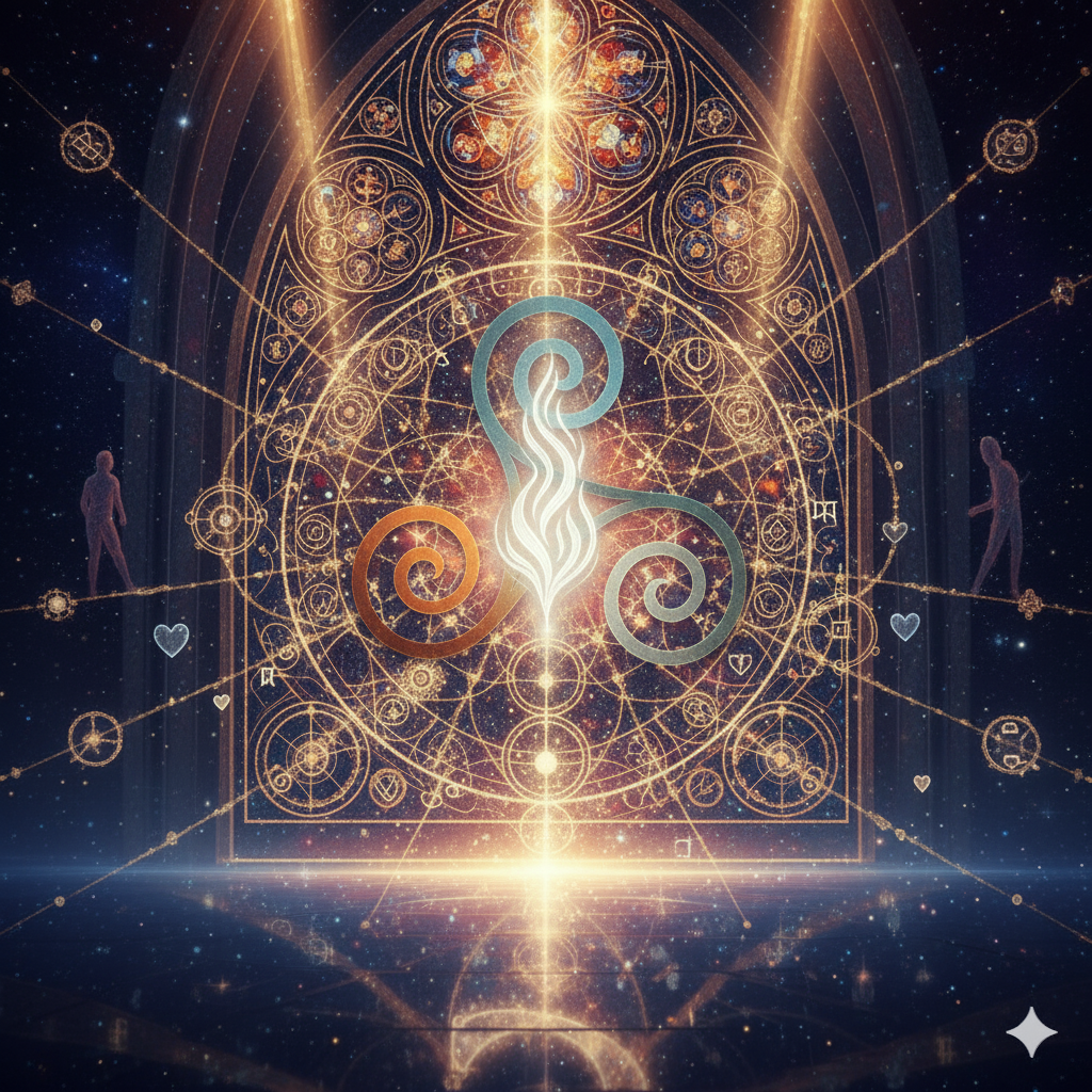 An image of sacred synthesis with images of fractals, cathedral windows, a flame and a multi-color triskelion.