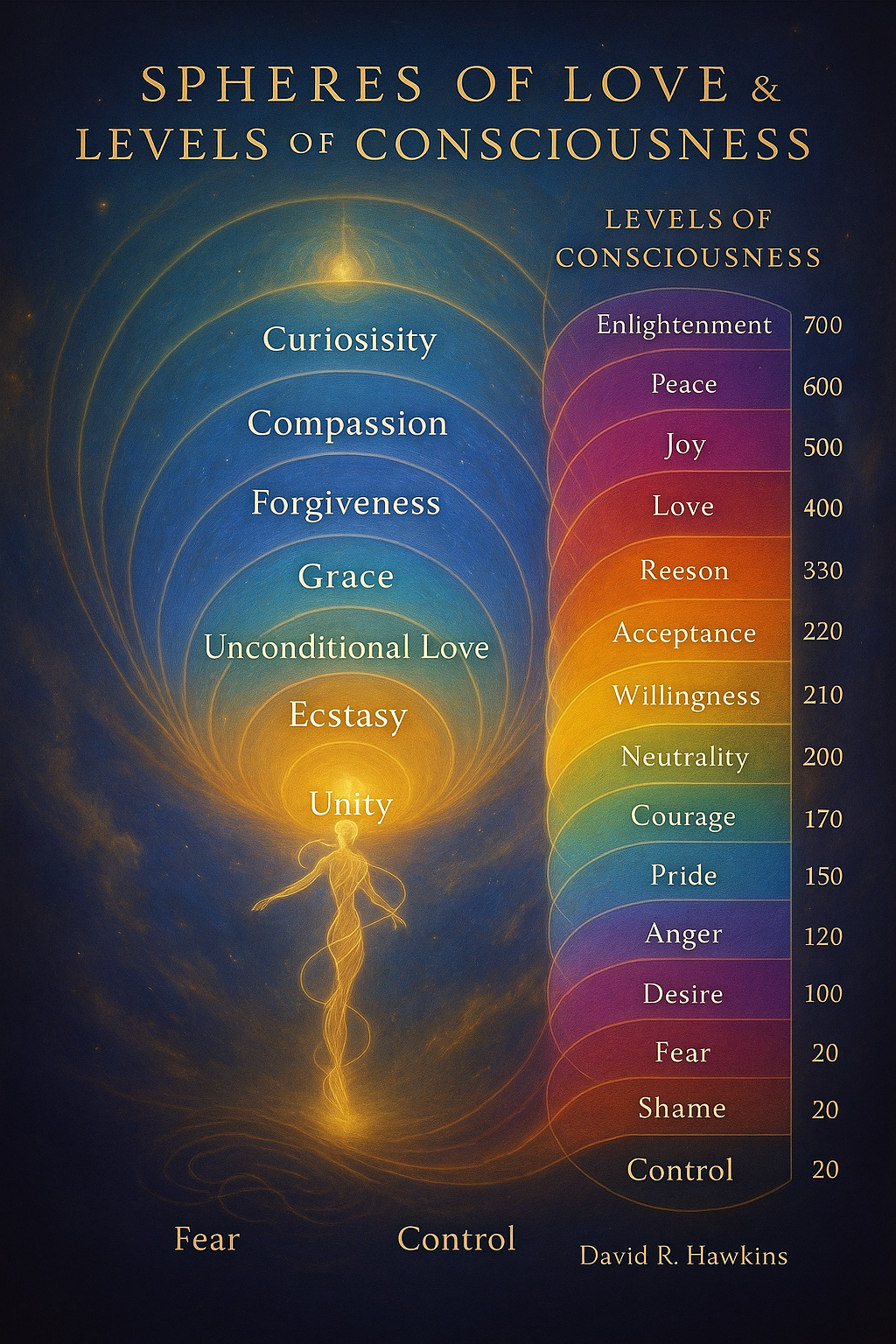 An illustration depicting the various spheres of love in comparison side by side with the Hawkins Scale of Consciousness