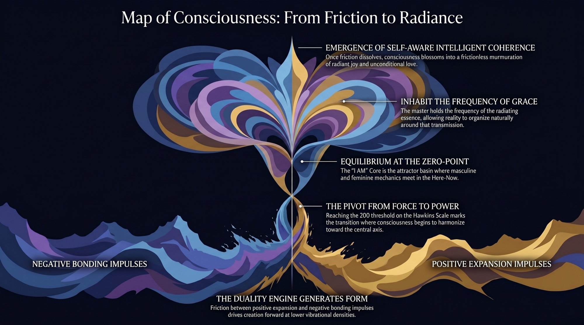 Illustration of the Map of Consciousness: Moving from the friction state of duality to the emergent state of self-aware intelligent coherence. 