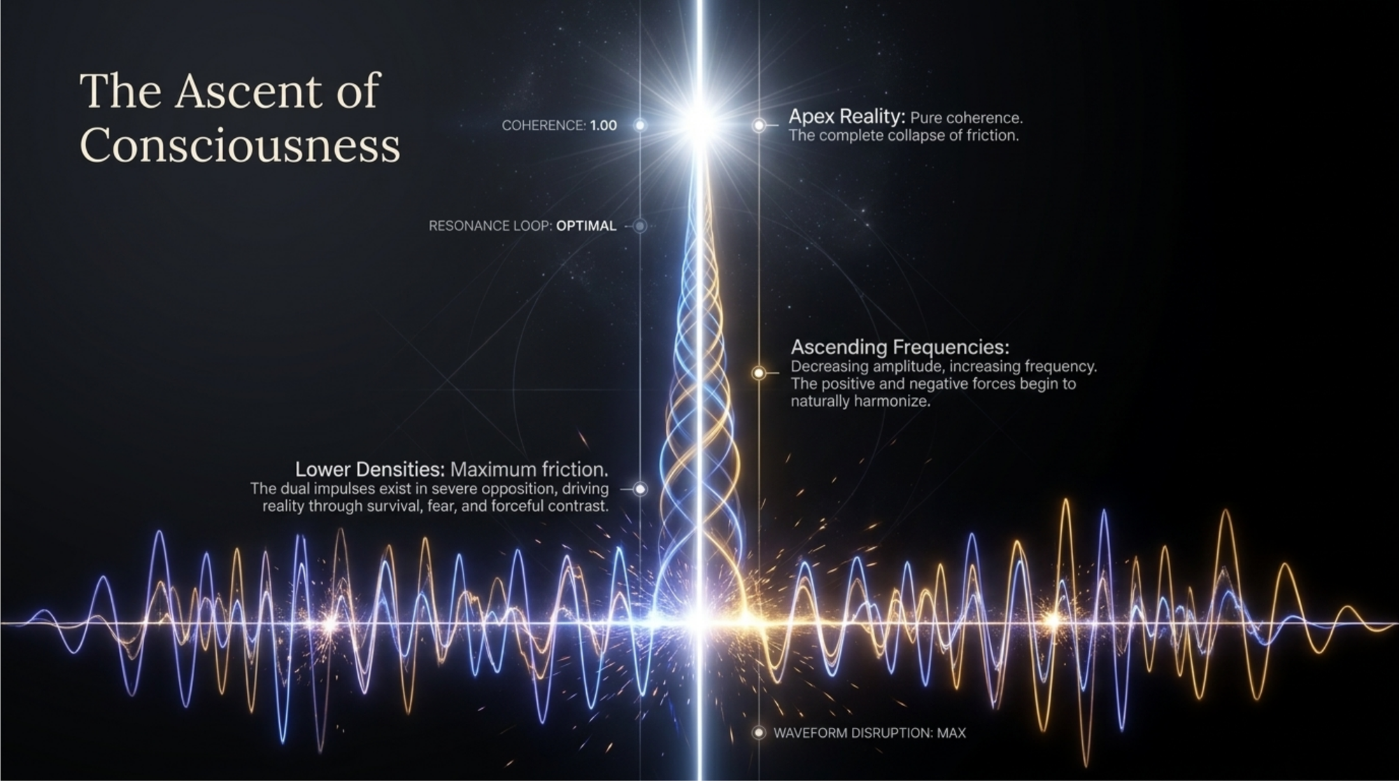 Illustration of the ascent of consciousness from duality to unconditional love and coherence.