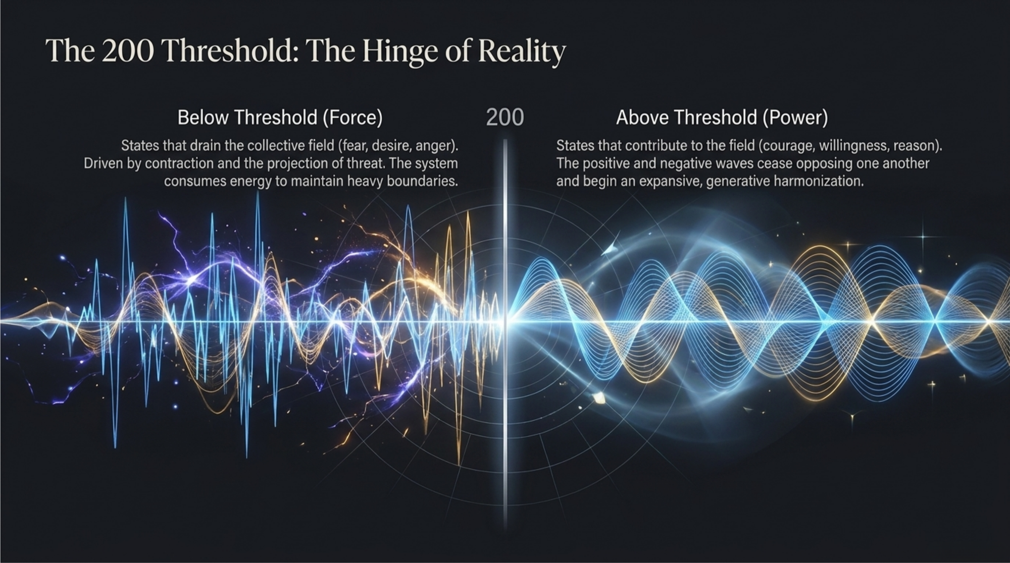 Illustration of the 200 Threshold from the Hawkins Scale.  This is seen as the point where consciousness shifts from force to self-organizing, coherent power. 