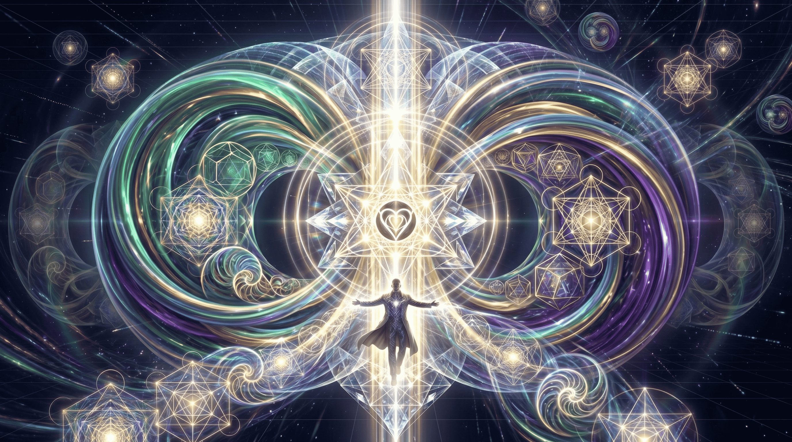 Illustration of a torus with the human at the center occupying the vertical axis of the I AM core and the plasma energy encircling the core.