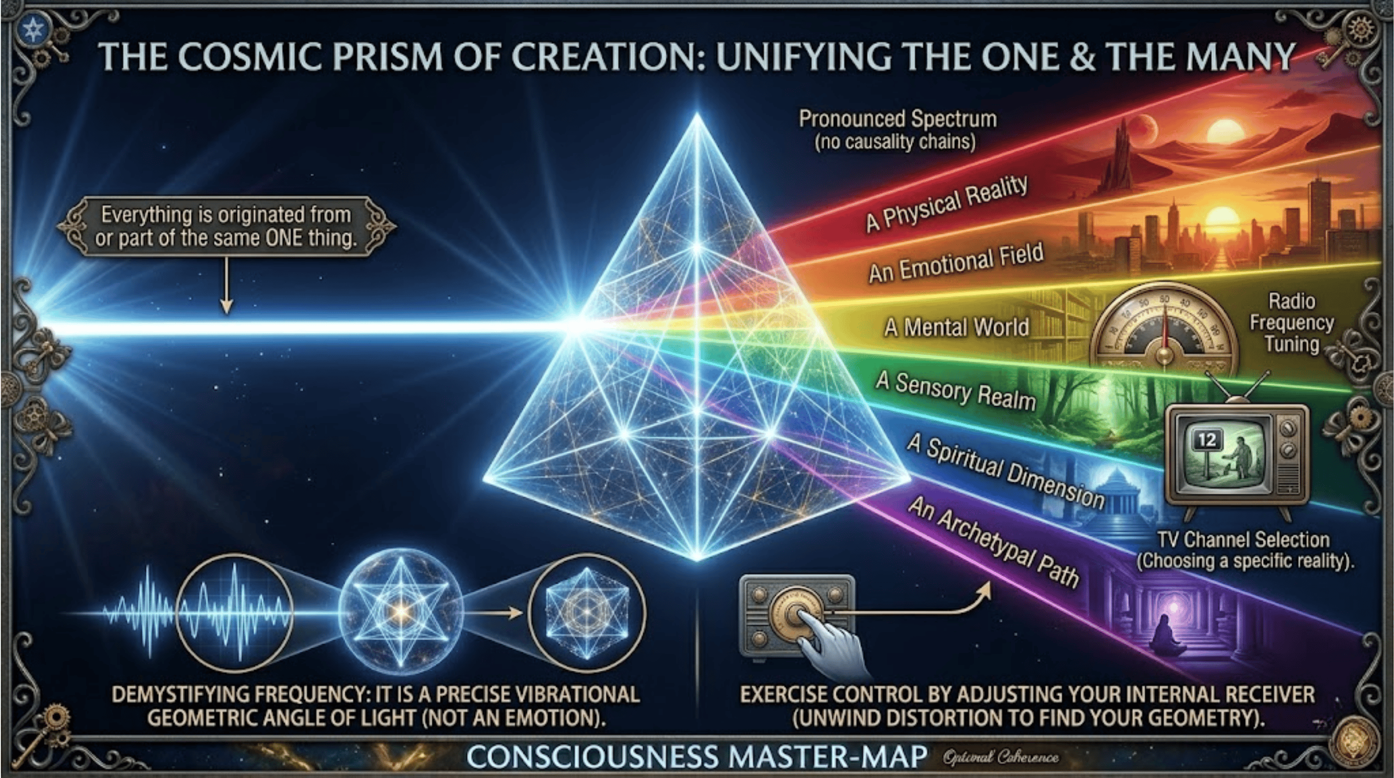 Infographic illustrating the Cosmic Prism of Creation. How the blue-white light of unconditional love becomes everything in Creation.