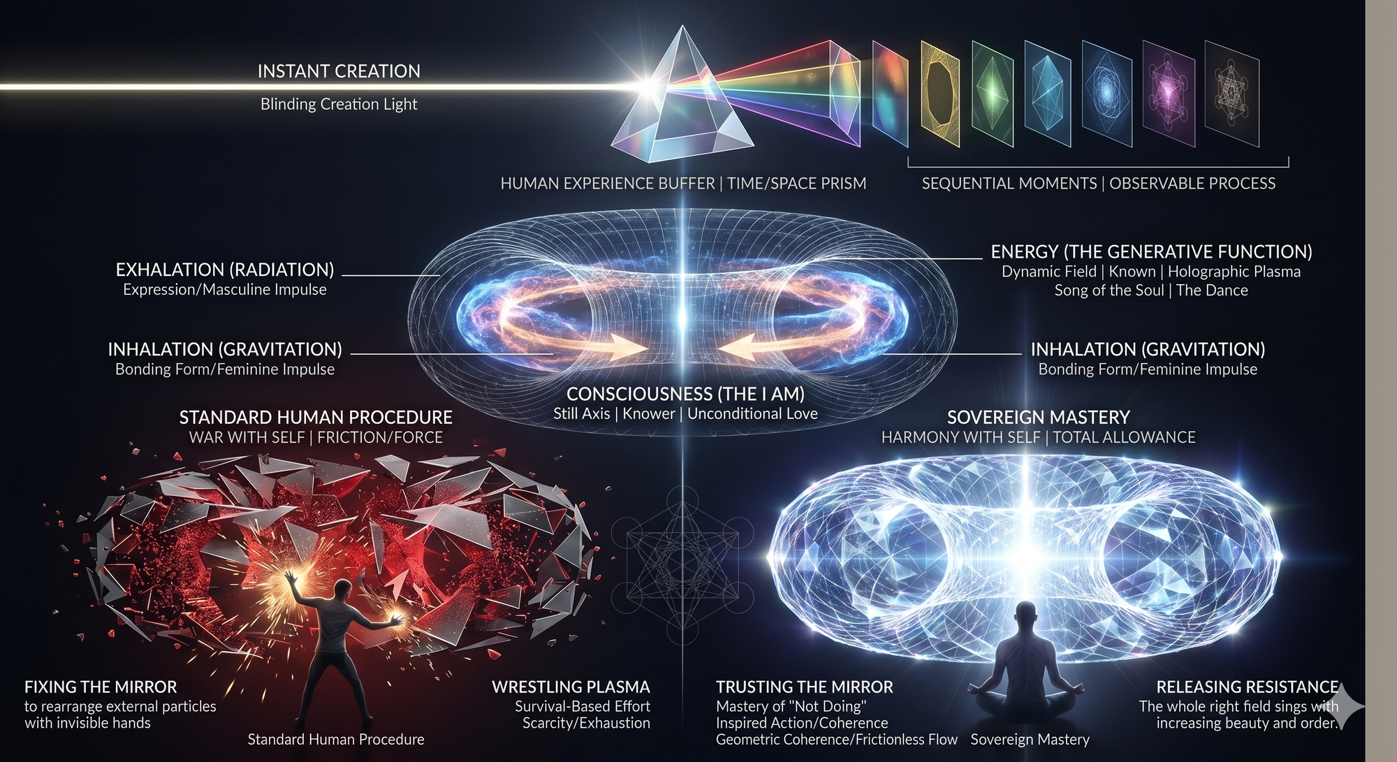 Infographic illustrating the relationship and mechanics of consciousness and energy