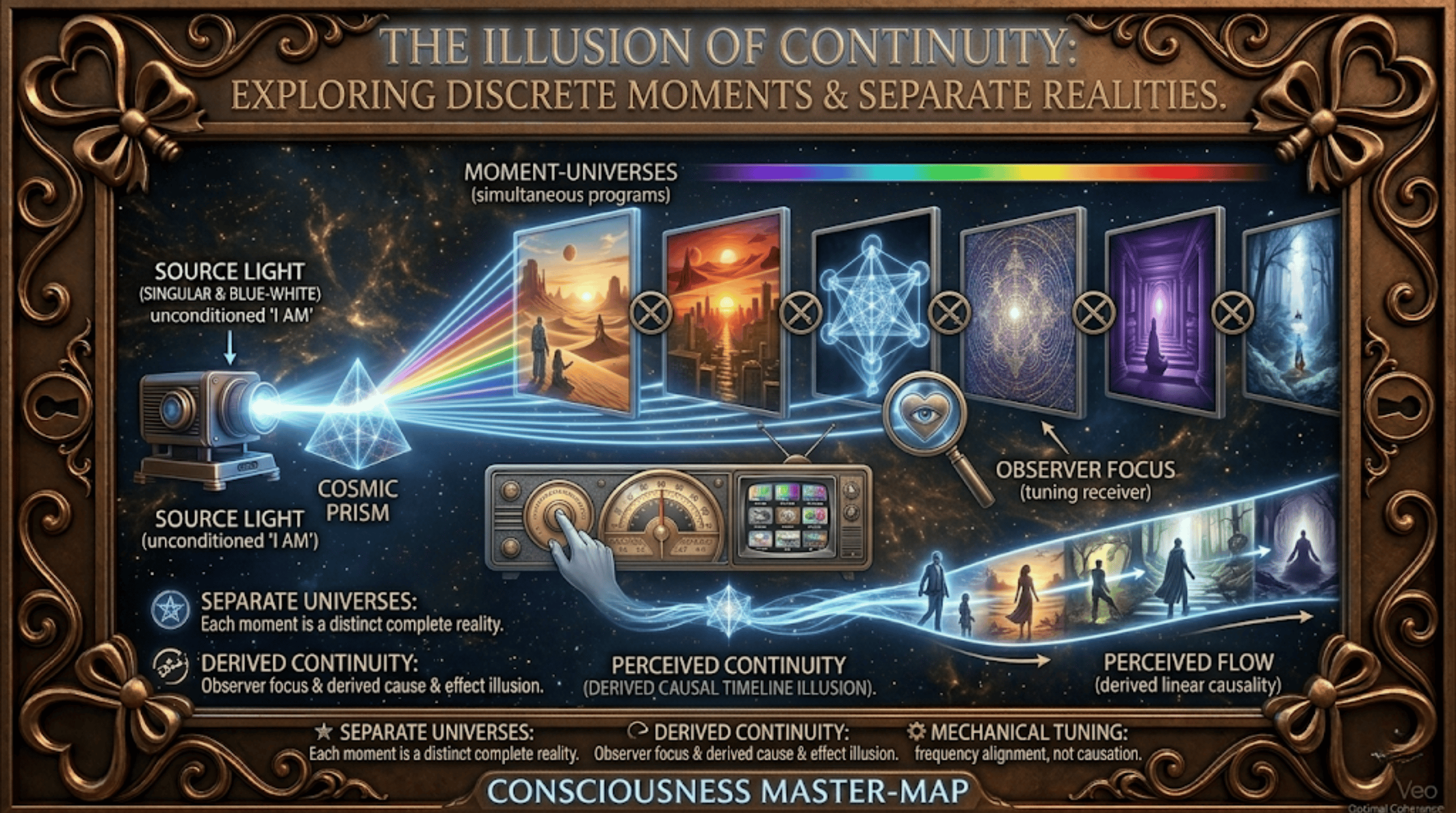 Infographic illustrating the illusion of continuity between discreet reality frames.