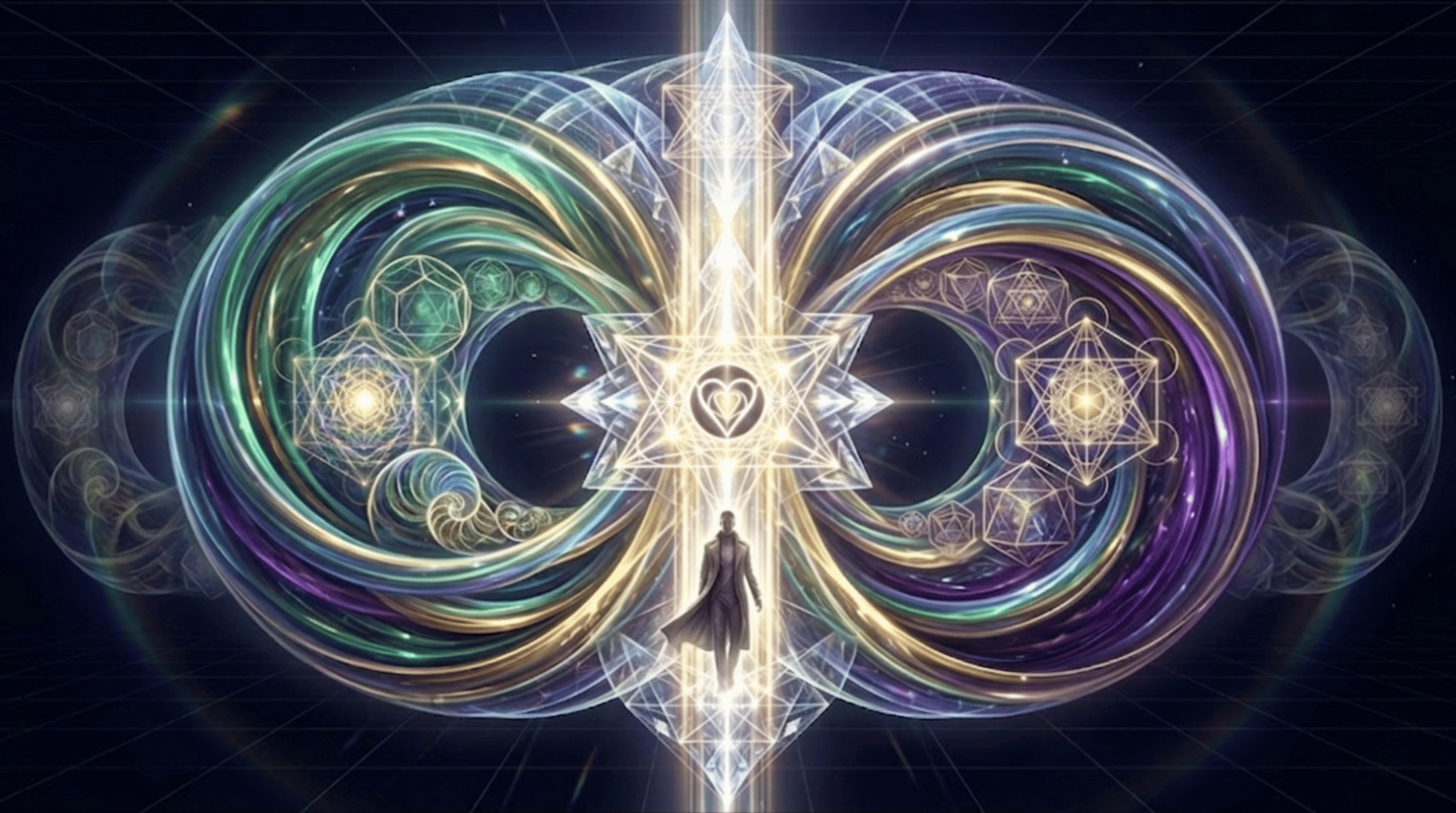 Illustration of a torus with the human at the center occupying the vertical axis of the I AM core and the plasma energy encircling the core.