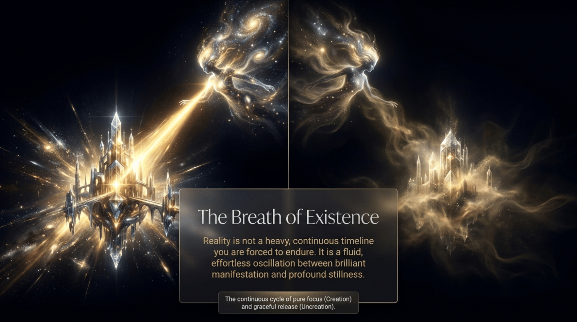 An image illustrating the Breath of Existence. The continuous cycle of pure focus (Creation) and graceful release (Uncreation).
