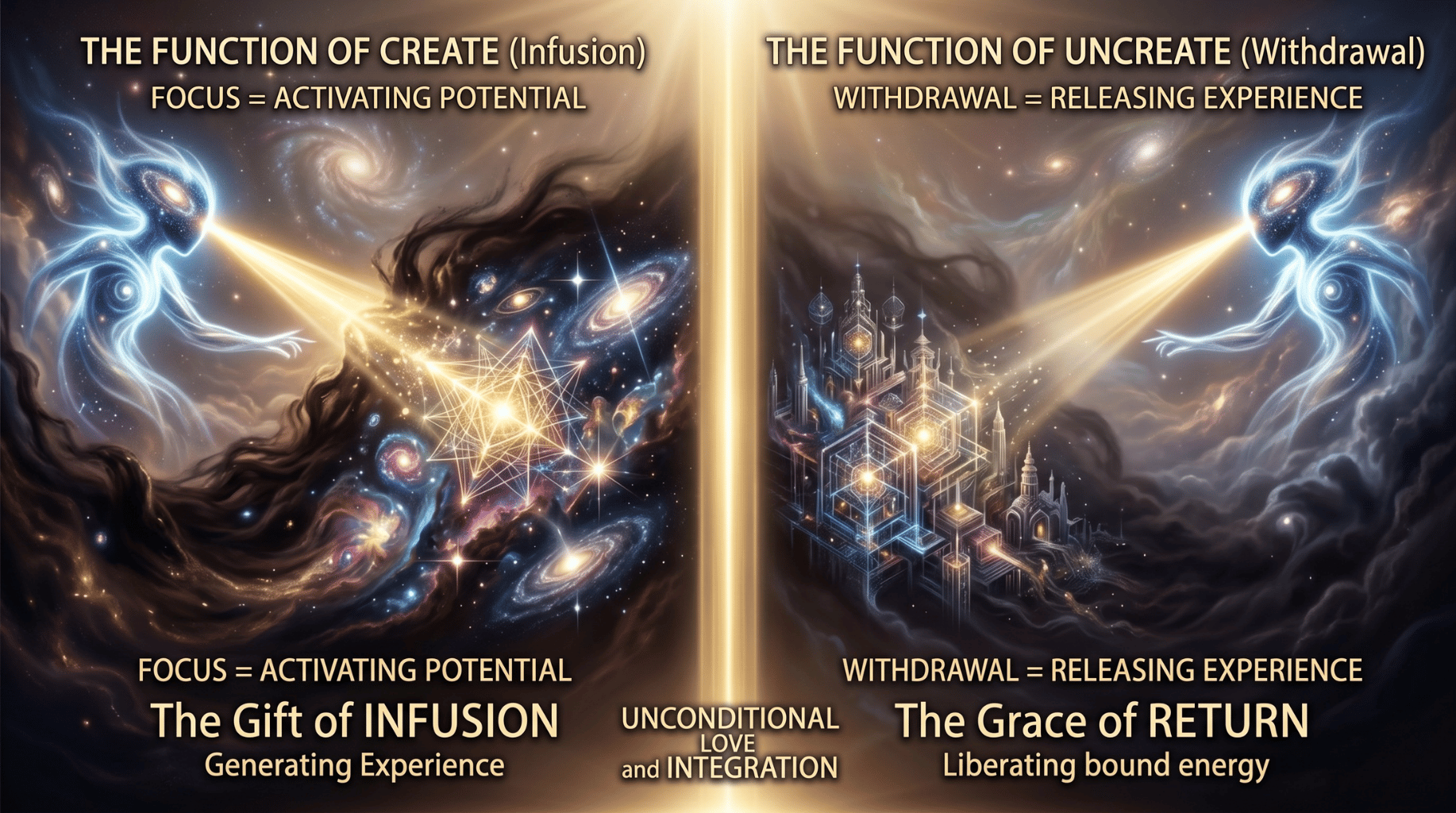An image illustrating the differences between the create and uncreate functions of consciousness.
