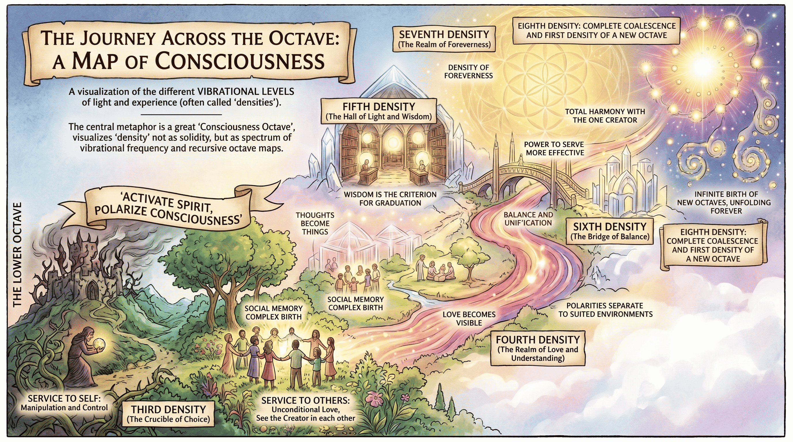This map is not just a diagram; it is a visualized path, a metaphorical journey that leads the soul from the Crucible of Choice through the Hall of Wisdom and the Bridge of Balance, and into total coalescence with the One Creator.