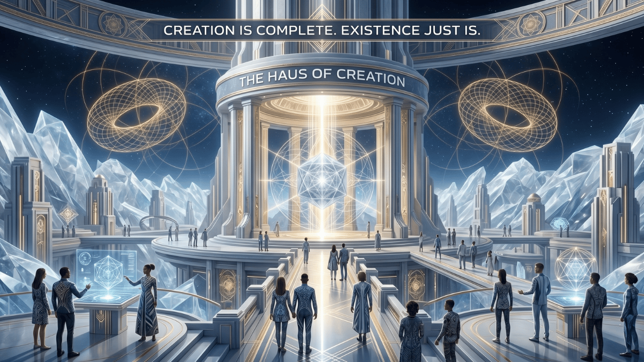 An illustration titled The Haus of Creation.  It has the title:  Creation is complete. Existence just is. 