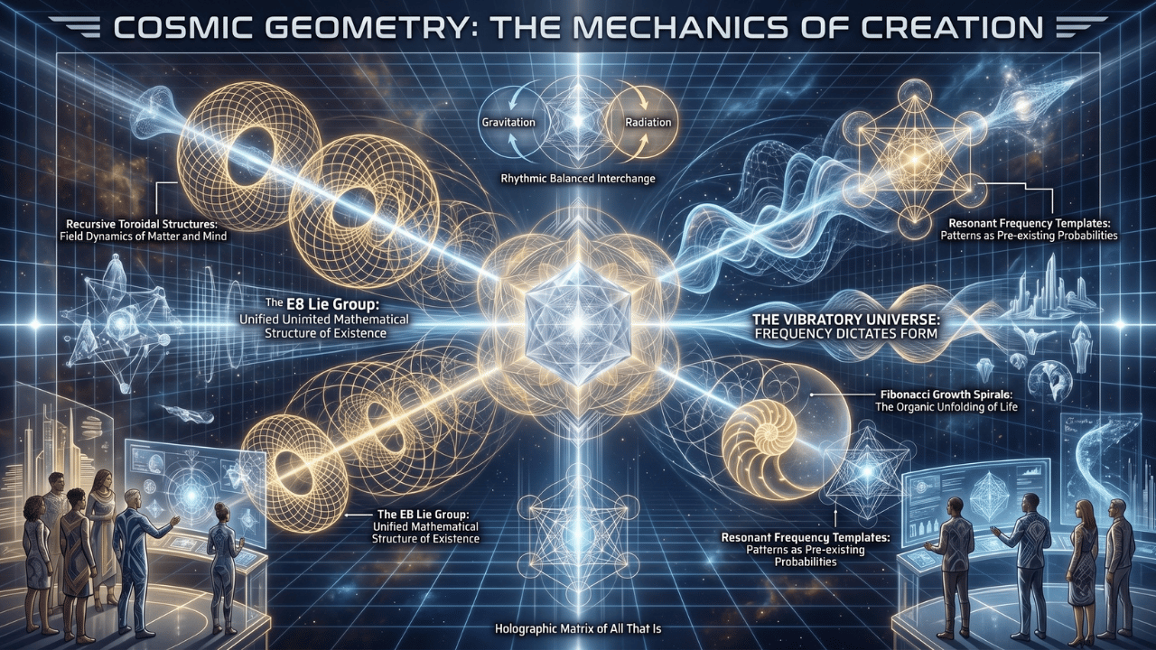 An infographic illustration titled - Cosmic Geometry: The Mechanics of Creation.
