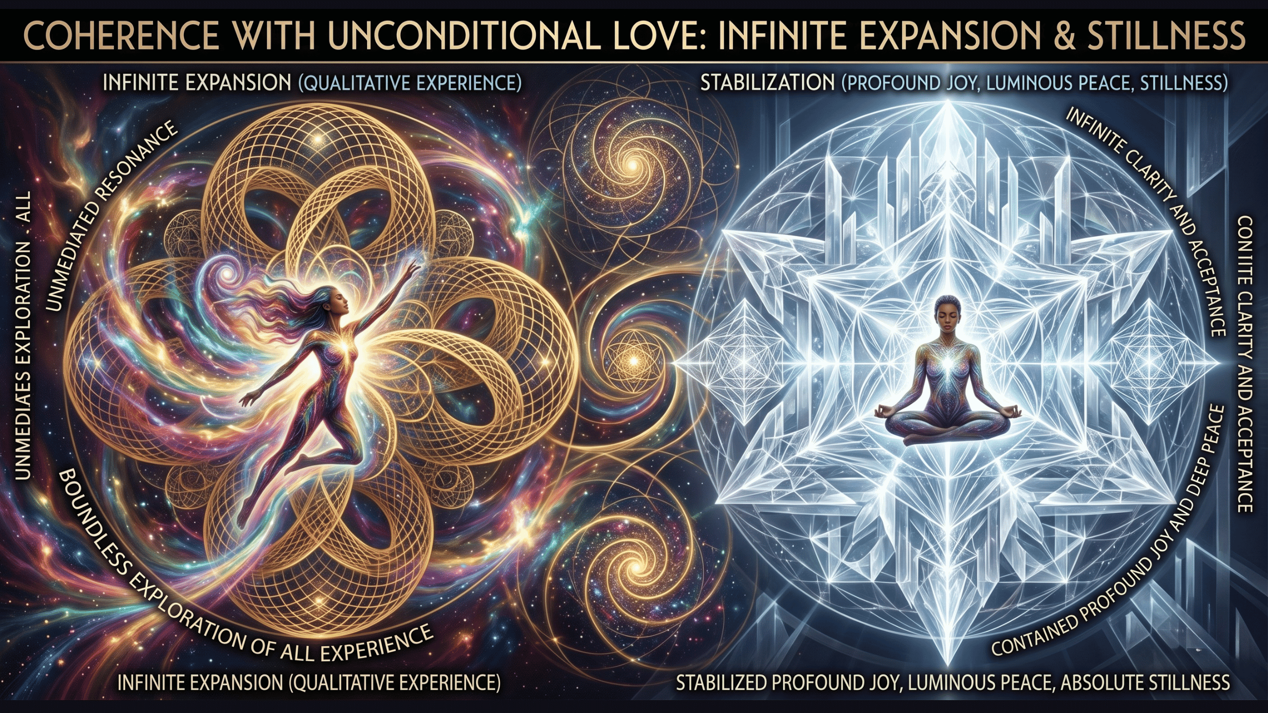 Illustration of the infinite expansion and stillness a being experiences as they expand in coherence with unconditional love. 