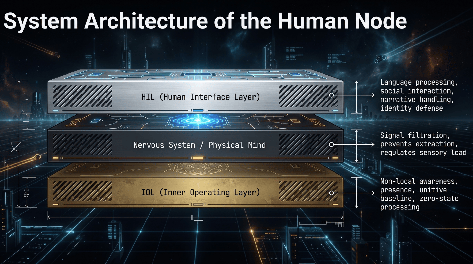 An illustration of the multiple layers of the human as the localized node of Consciousness. The outermost the Human Interface Layer (HIL), being bounded by the Nervous System and Physical Mind (the buffer) layer. The Inner Operating Layer (IOL) is the non-local, impersonal I AM awareness and presence.