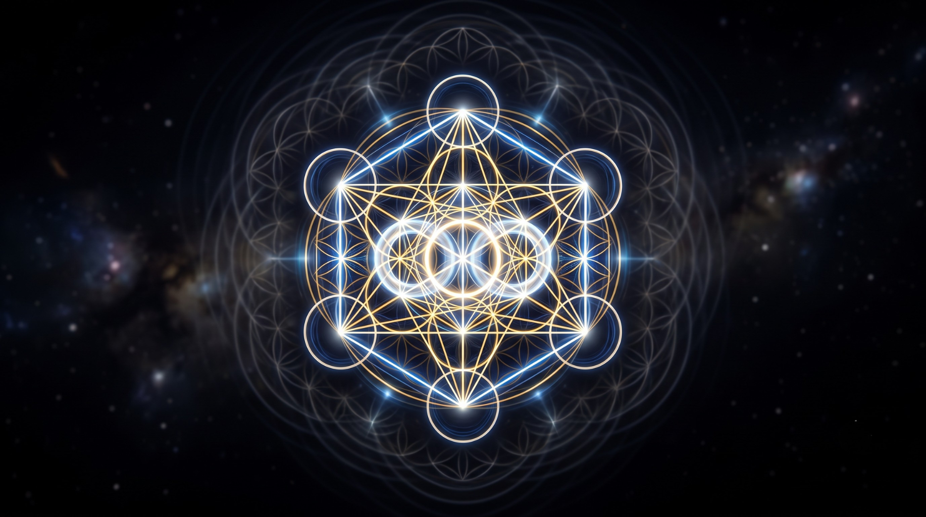 An illustration of the geometry of resonant harmonics (unconditional love):  Sustaining harmonic resonance is visualized as subtle, expanding geometric ripples and radiating waves of structured light flowing smoothly from the node outwards into the high-contrast deep black cosmic void. This smooth, frictionless expansion demonstrates the field conforming to the node's geometry, propagating a sense of complete order and completion.