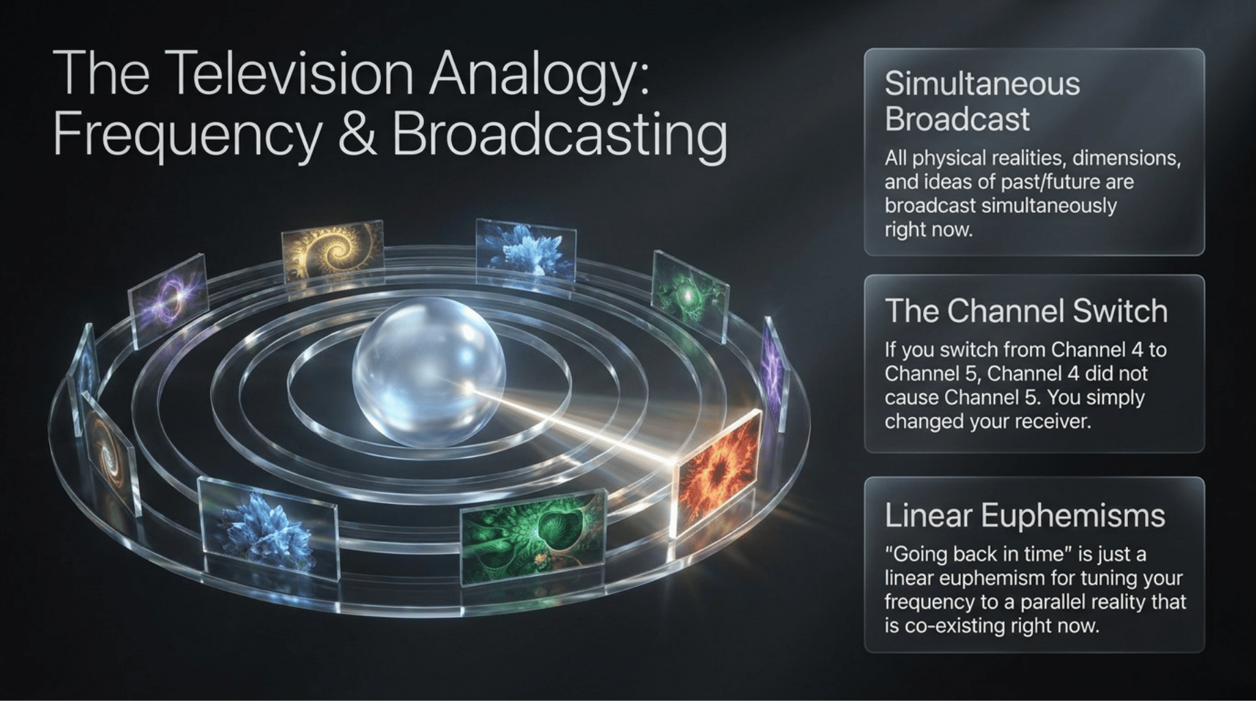 An illustration of the Television analogy of frequency and resonance. The visual illustrates how all realities exist Now and are realized by frequency and resonance.