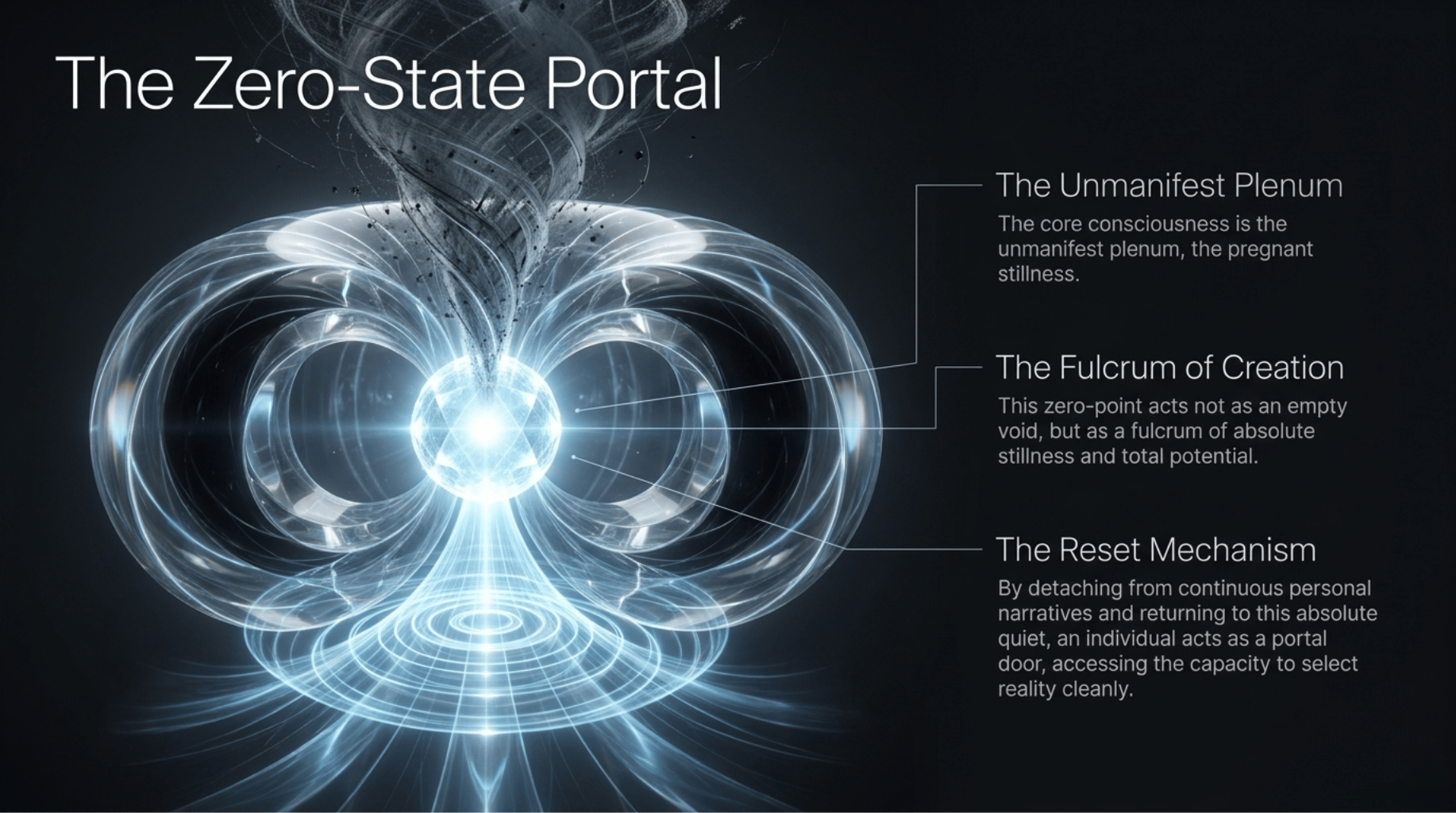 An illustration of the Zero-State-Portal. The ability of a localized node of Consciousness to reset their projection of reality at any moment by returning to Zero.