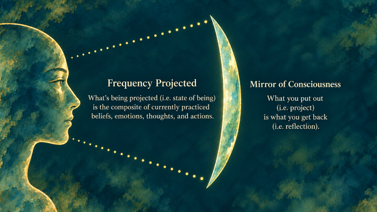 Illustration of the mirror of consciousness. How the state of being that is projected upon the mirror of consciousness (i.e. energy) is reflected back as experience.