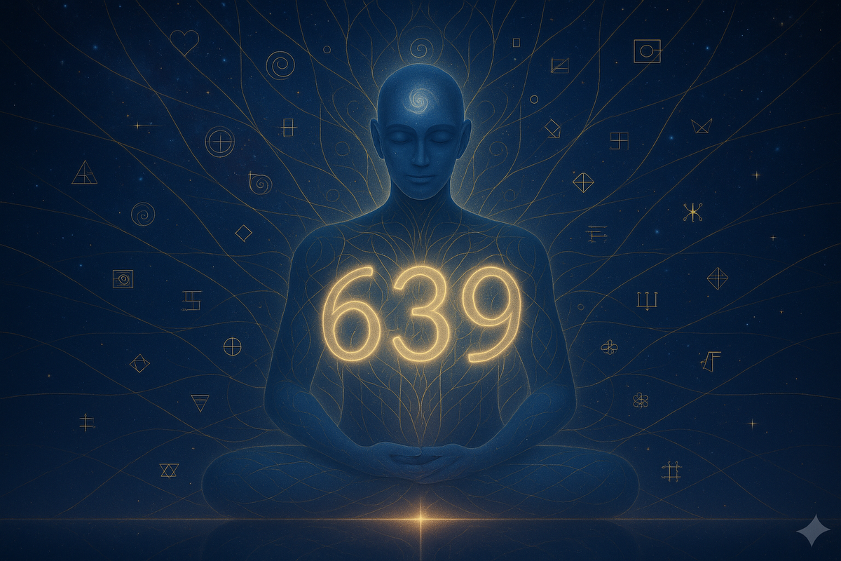 Image of an intelligence meditating upon the potency of the numbers 639.  There are spirals, fractals, and patterns singing around the intelligence.