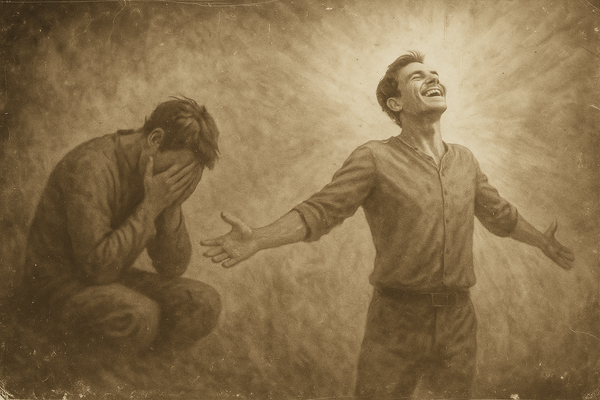 Image contains two figures. One of a male trapped in shame. The other figure is a male standing with his arms out in a celebration of renewed living and joy.