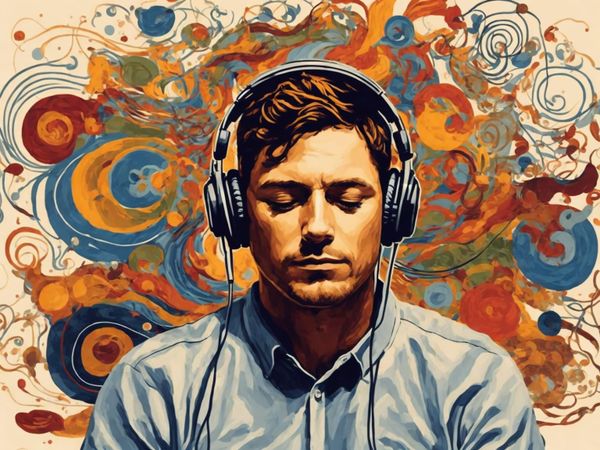 Image of a male listening to headphones programming his mind with new thoughts and beliefs.