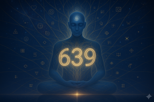 Image of an intelligence meditating upon the potency of the numbers 639.  There are spirals, fractals, and patterns singing around the intelligence.