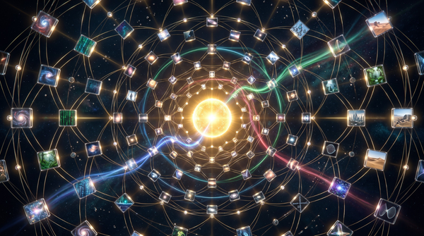 An illustration of an interconnected web of potential reality frames. 