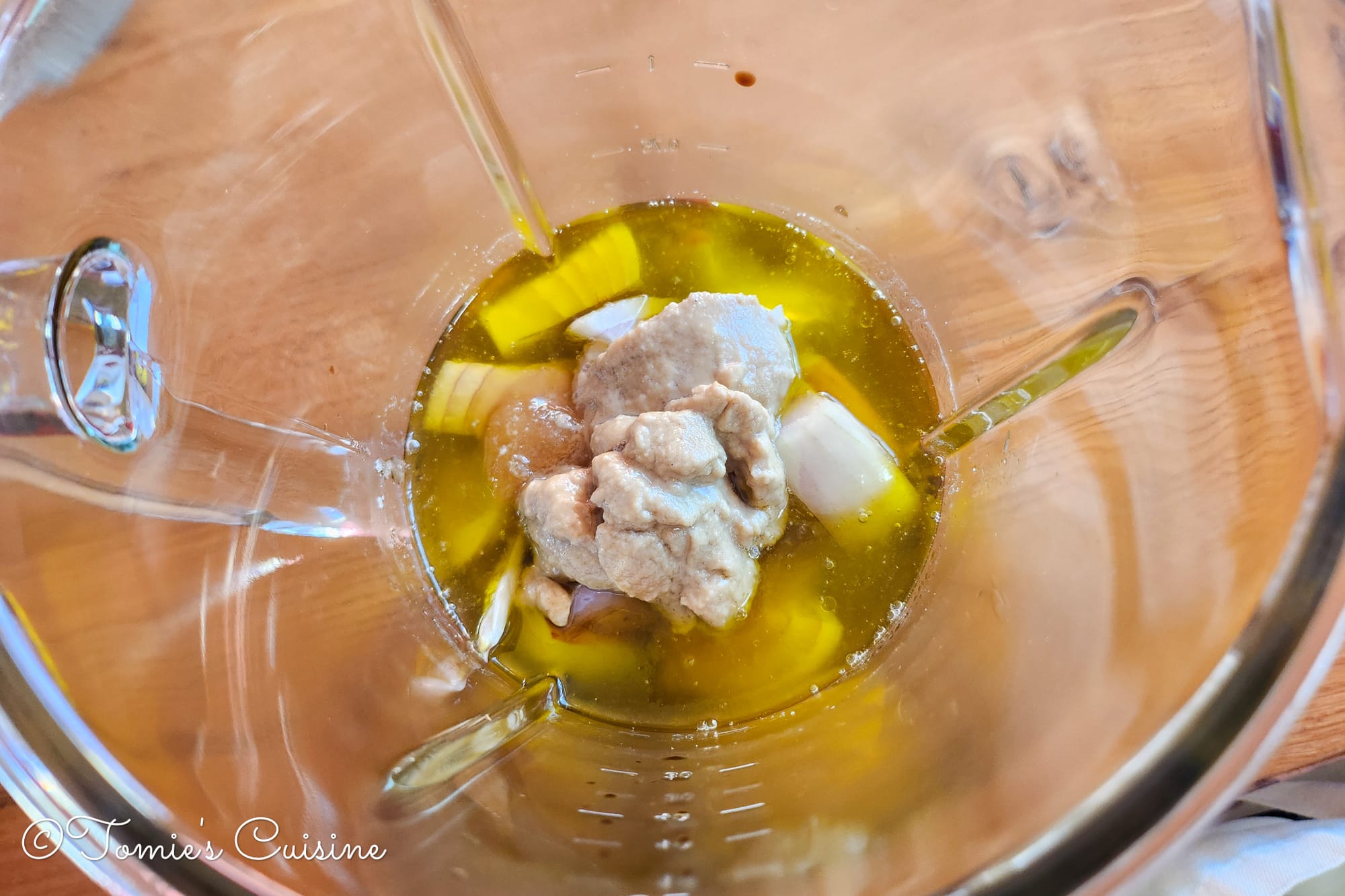 The ingredients in a blender. This one with tahini.