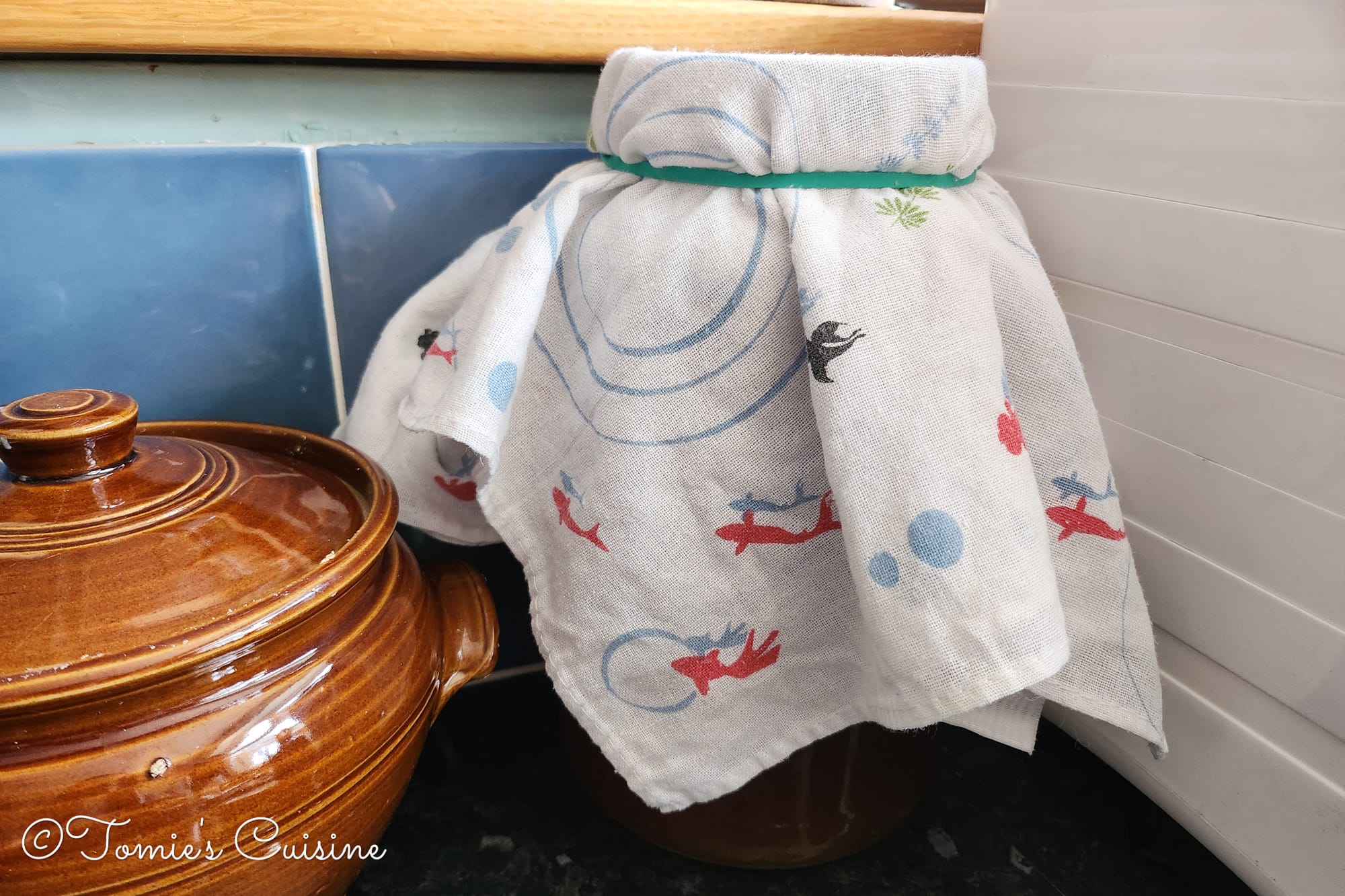 My kombucha fermentation spot on the kitchen counter next to the Nukazuke pot.