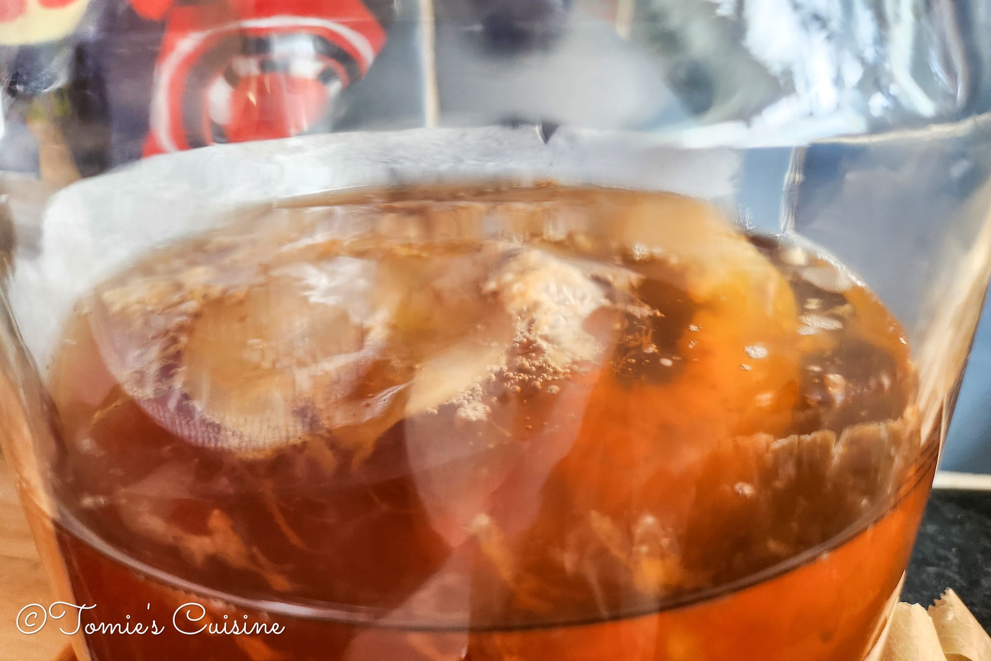 三日ぐらい経った頃にSCOBYの層の間に小さな泡が見られるようになり、浮いてきました。さらに新しい層のSCOBYもできて来ていました。