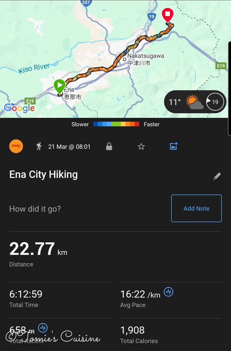 Garmin Connect summary of Day 9: 22.77 km from Ena to Magome