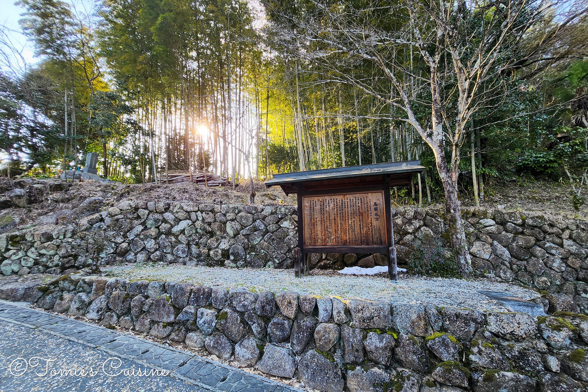 Magome Castle ruins (馬籠城跡) with stone walls and bamboo, Gifu