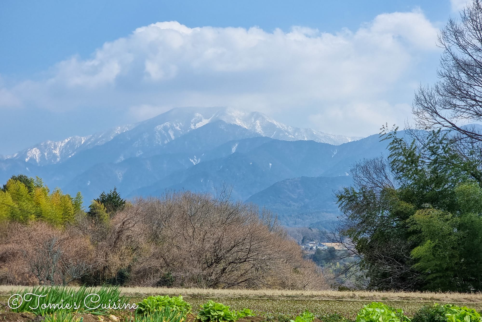 Snow-capped mountains above the countryside near Ochiai post town, Gifu