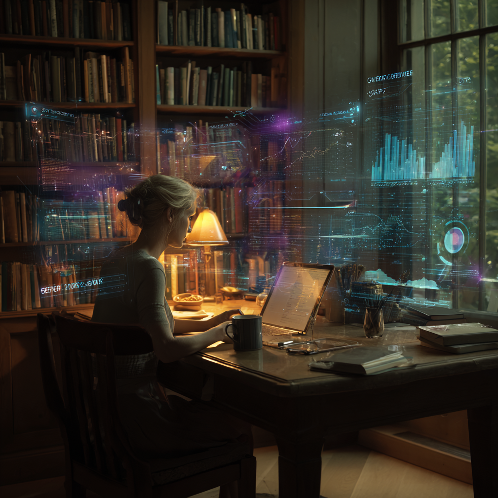 Woman studying at a desk with digital planetary charts and holographic data projections, representing Vedic astrology analysis and career timing insights.