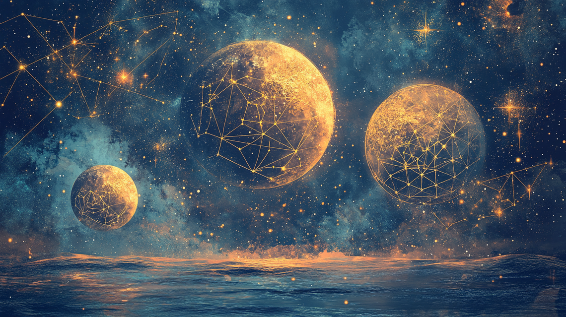Three golden planets converging in a deep blue cosmic sky above water, representing the Trigrahi Yoga triple conjunction of the Sun, Mars, and Saturn in Pisces, April 2026.
