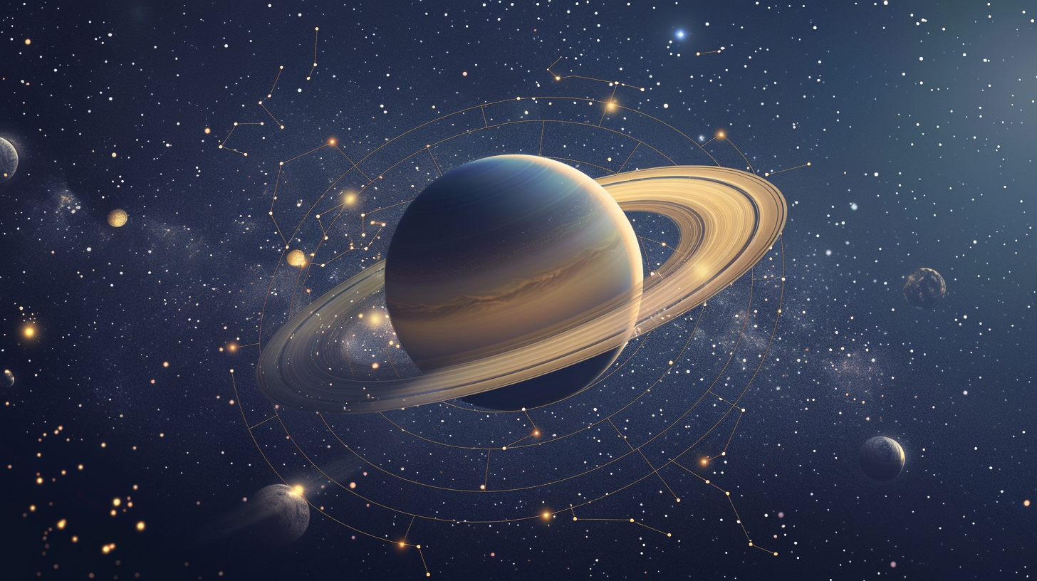 Saturn in deep space with glowing zodiac constellations representing Sade Sati in Vedic astrology