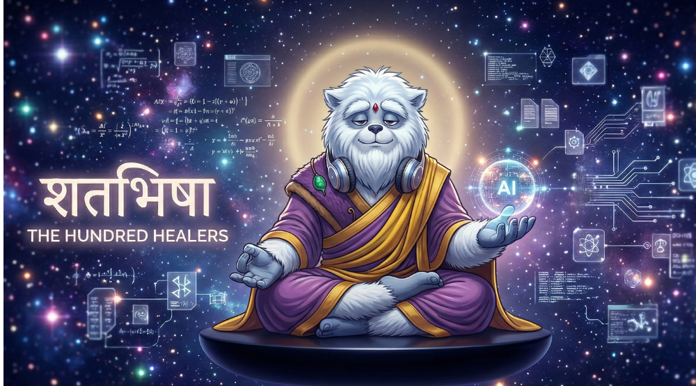 The Ask The Yeti mascot meditating amidst the Shatabhisha Nakshatra starfield, symbolizing the intersection of Vedic astrology and the AI technological revolution.