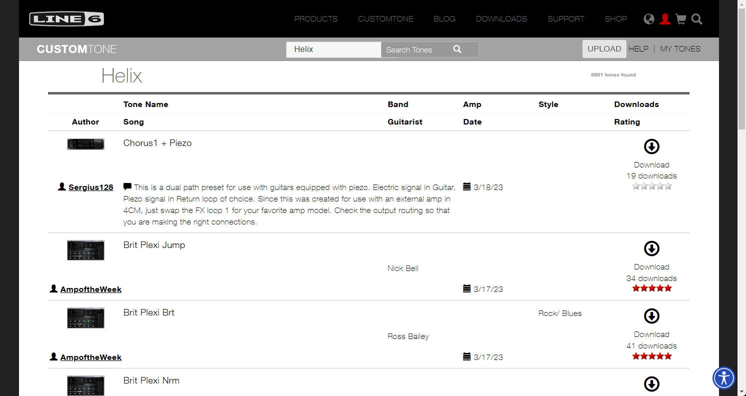 screen capture of the Line 6 custom tone page