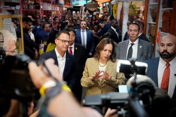 Josh Shapiro and Kamala Harris at the Reading Terminal in Philadelphia.