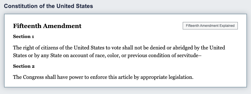 screen cap of the text of the 15th amendment to the US constitution