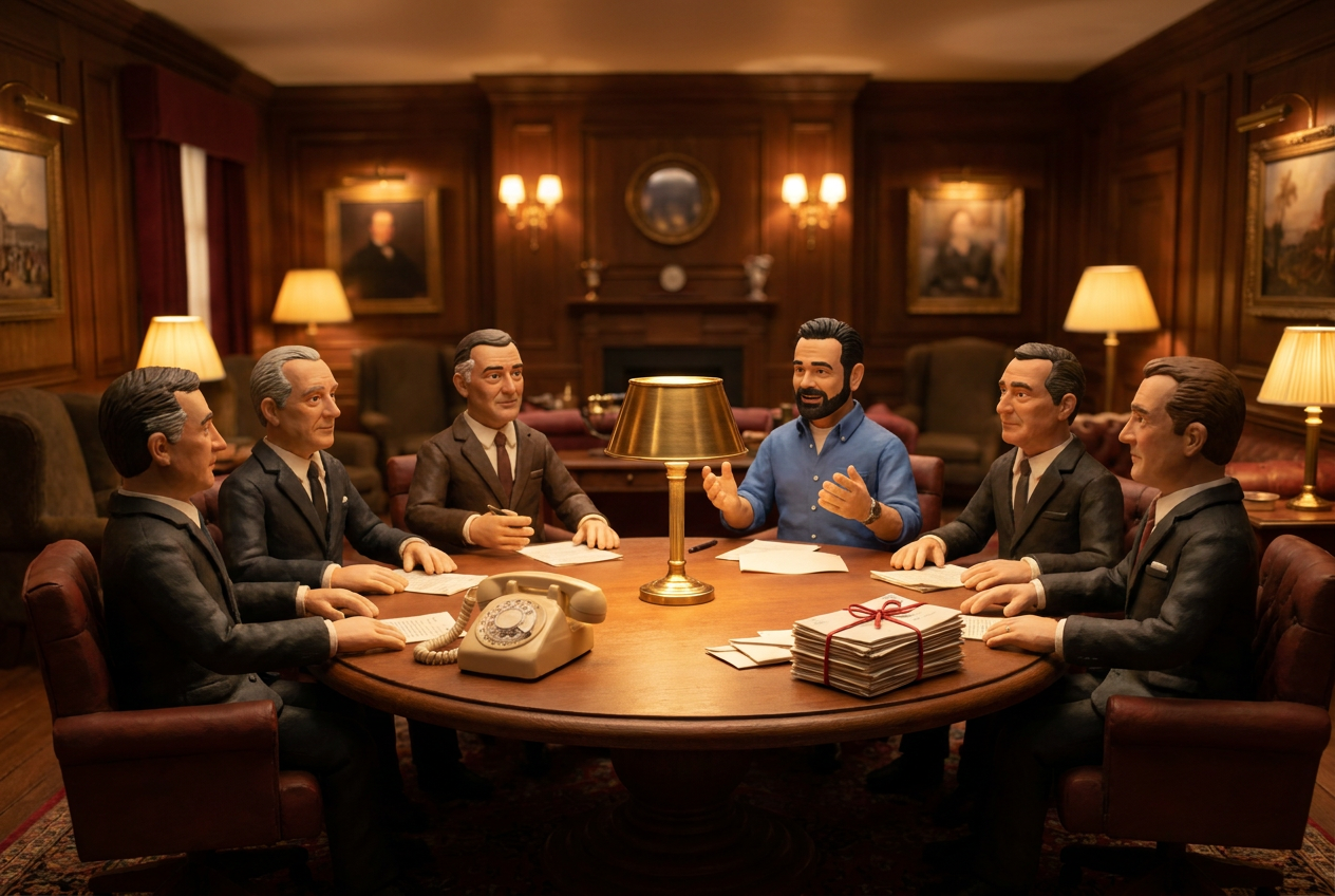 Claymation illustration of six suited figures seated around a lamplit table in a wood-paneled room, with a ribbon-tied bundle of letters on the table's edge.