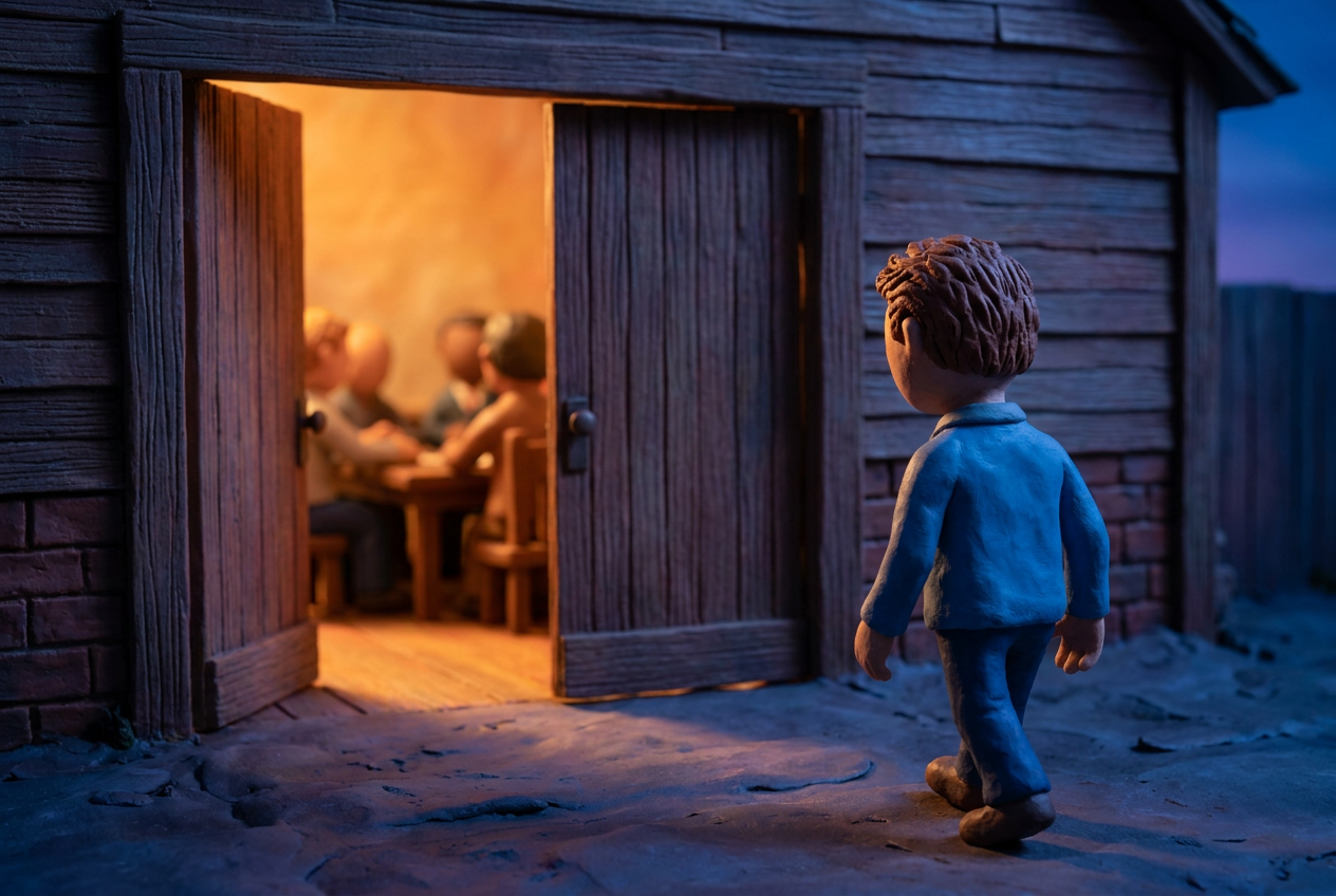 A clay figure walks away from a warmly lit union-hall doorway into cool shadow.