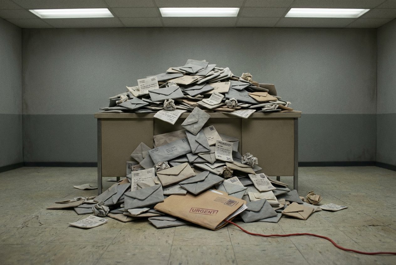 A government desk buried in an avalanche of clay envelopes with a single folder barely visible underneath.