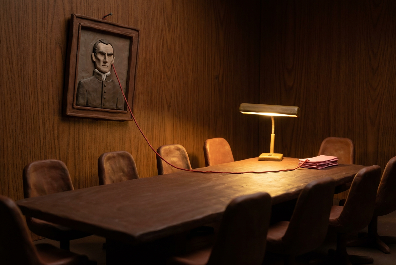 A clay conference room with a crooked portrait on the wall and a stack of pink slips on the table, joined by a red thread.