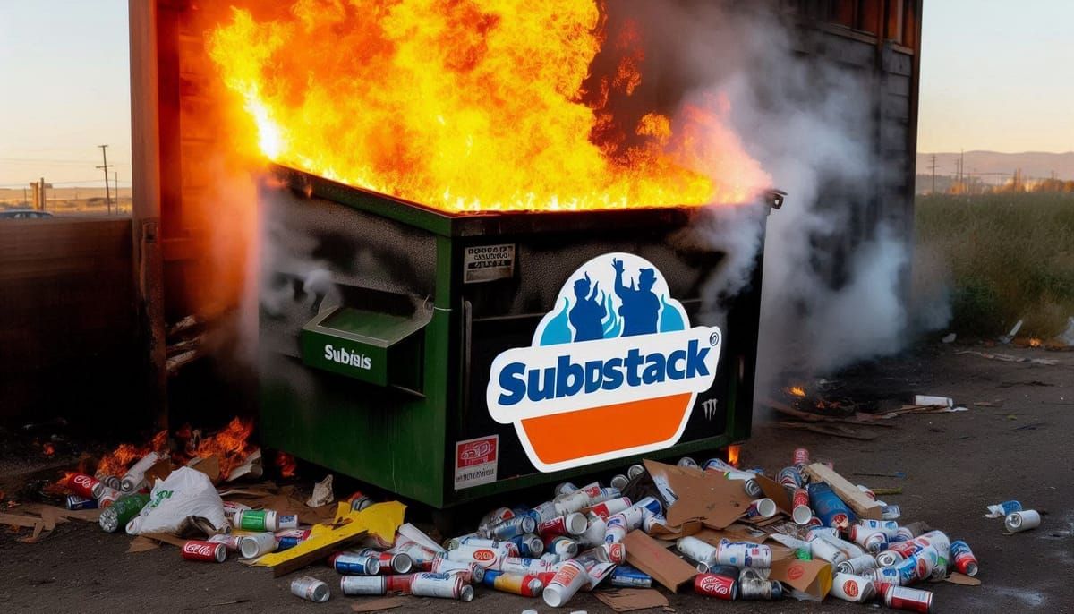 image of a burning dumpster with a fake Substack logo on it, AI generated